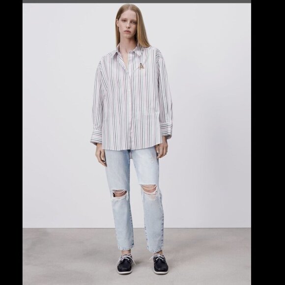 Zara White Striped Cotton Oversized Blouse/Shirt. Size s - Picture 3 of 10